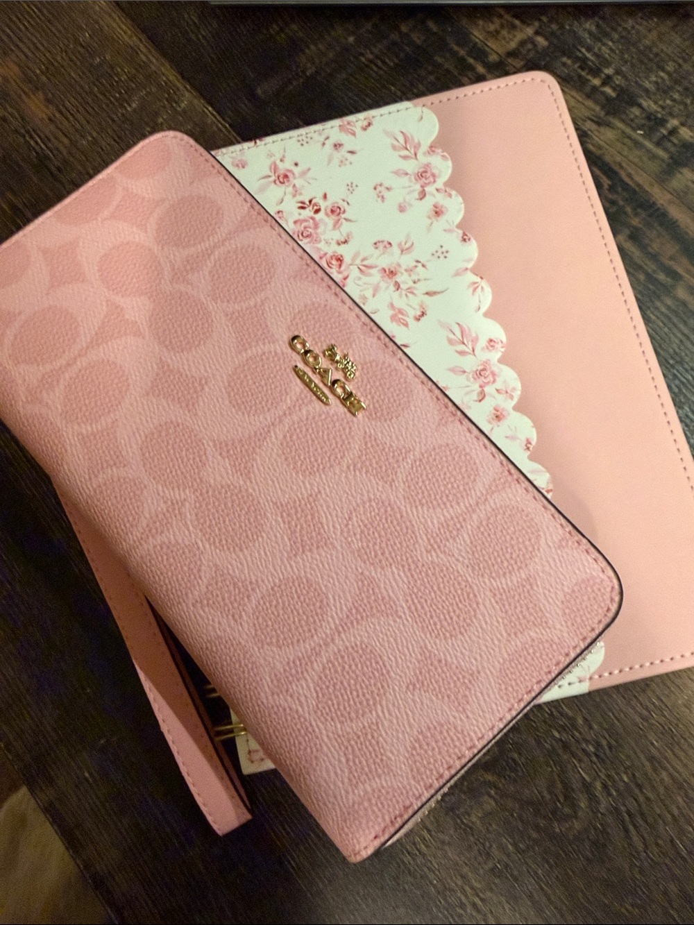 Coach Pink Signature Zip Wristlet Wallet with Floral Pink Notebook